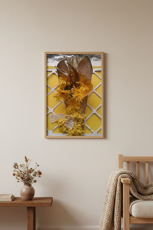 Golden Desires – Rustic Daisy & Palm Digital Pattern framed wall art mockup